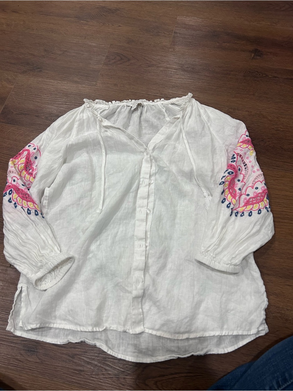 White Embroidered Peasant Blouse with Pink Accent Sleeves linen charter club lux